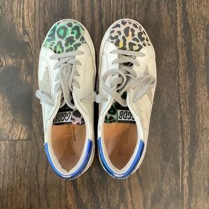 Golden Goose Kids White Sneakers with Multicolor Leopard Toe and Blue Heel